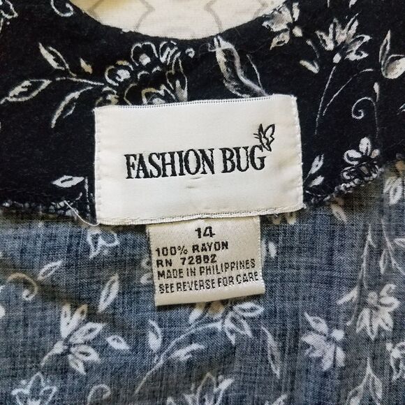 Vtg 1990s Fashion Bug Black Ditsy Floral Print Button Front Laced Shirt Dress 14 - Picture 4 of 7